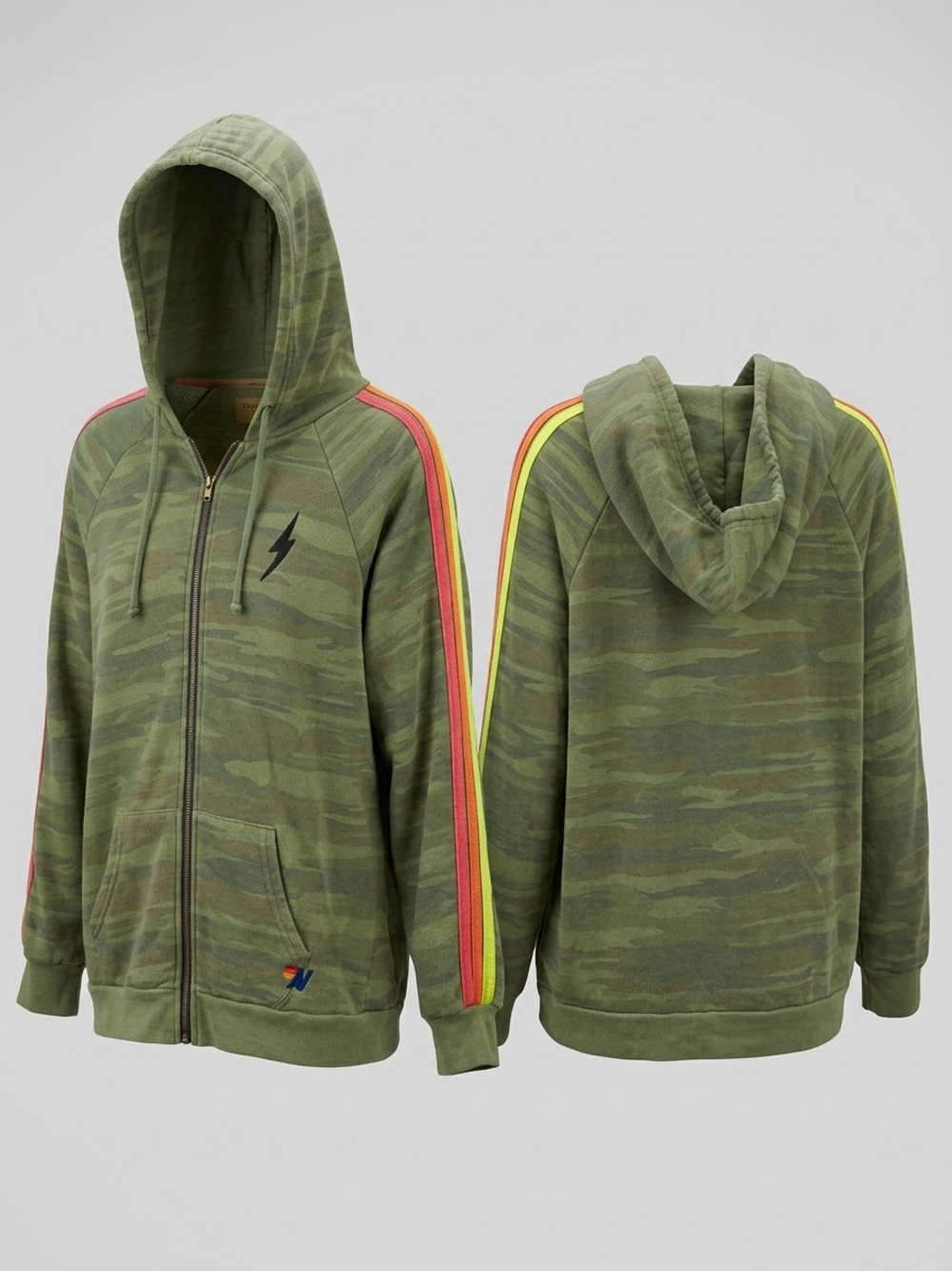 Women’s Aviator Nation Olive Green Camo Zip Hoodie with Stripes and Black Bolt